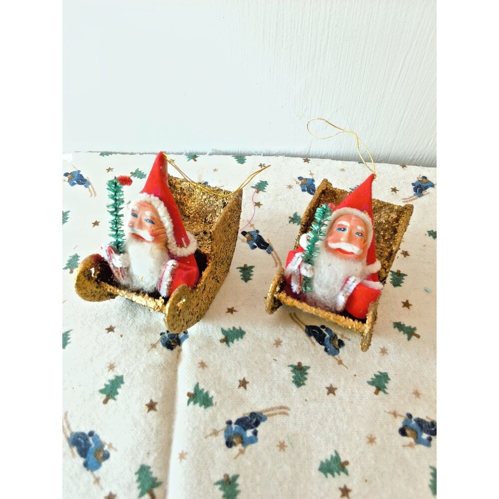 Vintage Gold Glittered Santa Claus in Sleigh Japan Ornaments Set of 2 Mica Putz